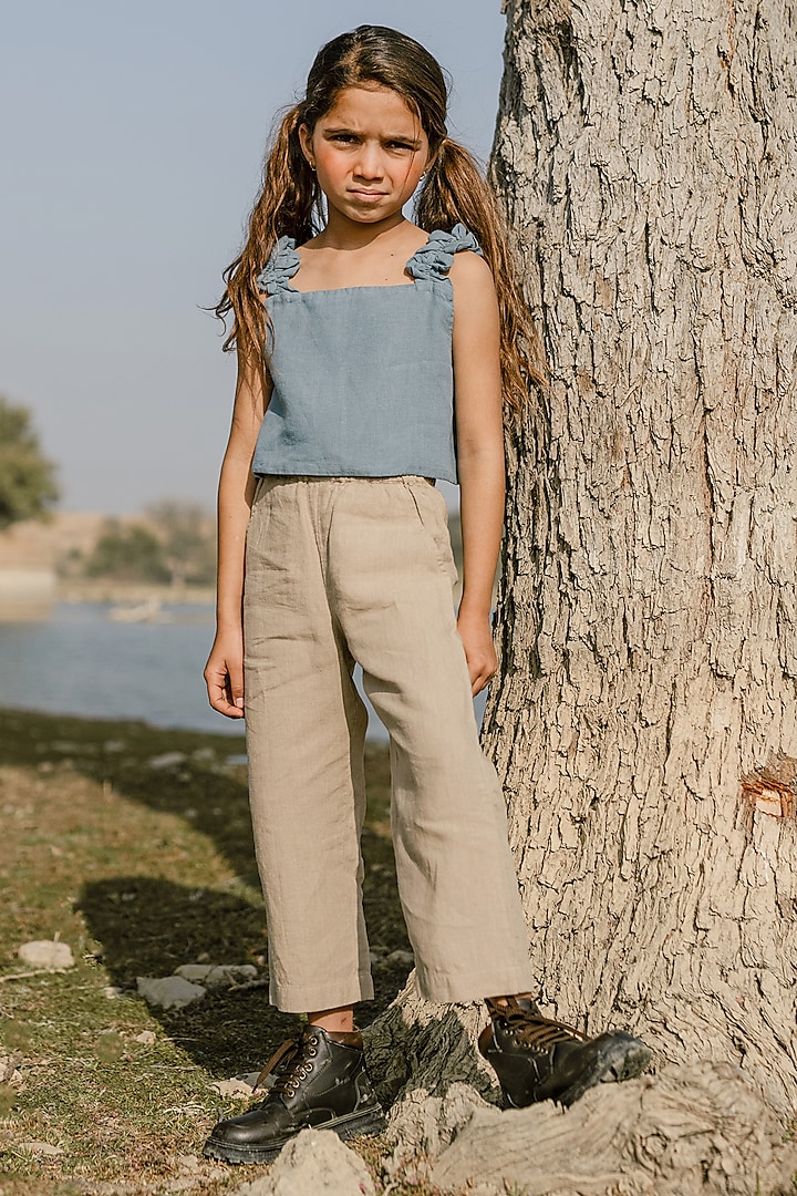 Light Brown Linen Trousers For Girls by Chi Linen at Pernia's Pop Up Shop