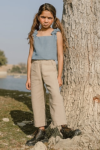 Light Brown Linen Trousers For Girls by Chi Linen