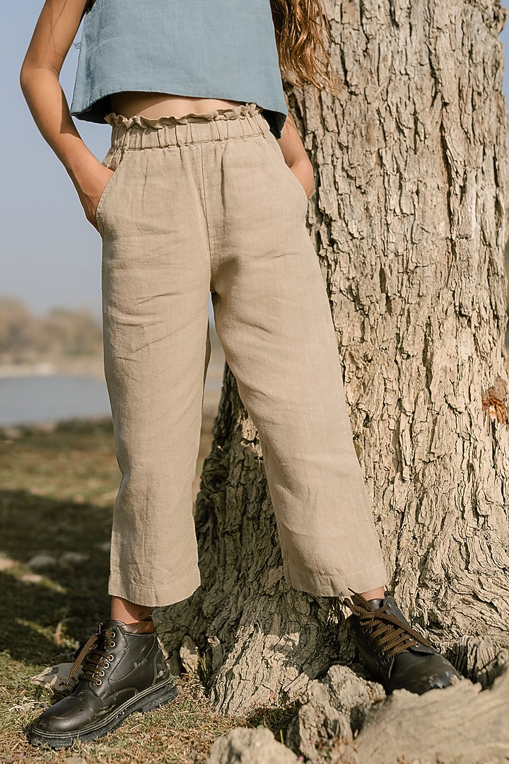 Light Brown Linen Trousers For Girls by Chi Linen at Pernia's Pop Up Shop