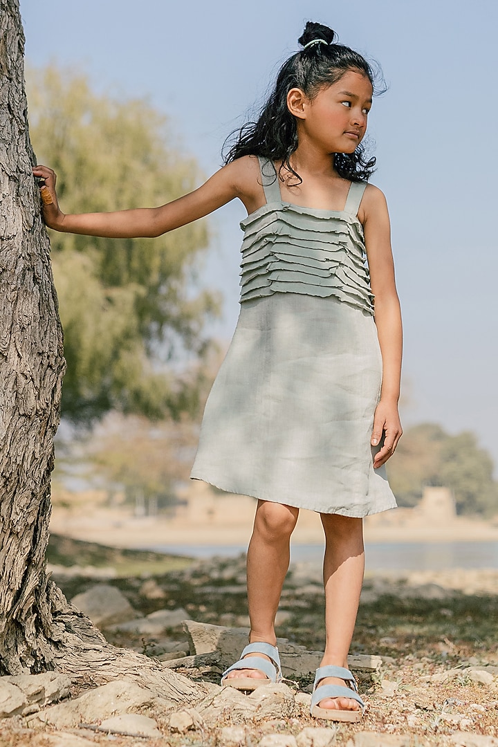 Light Green Linen Dress For Girls by Chi Linen at Pernia's Pop Up Shop