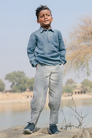 Light Blue Linen Shirt For Boys by Chi Linen