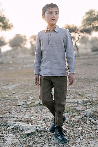 Beige Linen Shirt For Boys by Chi Linen