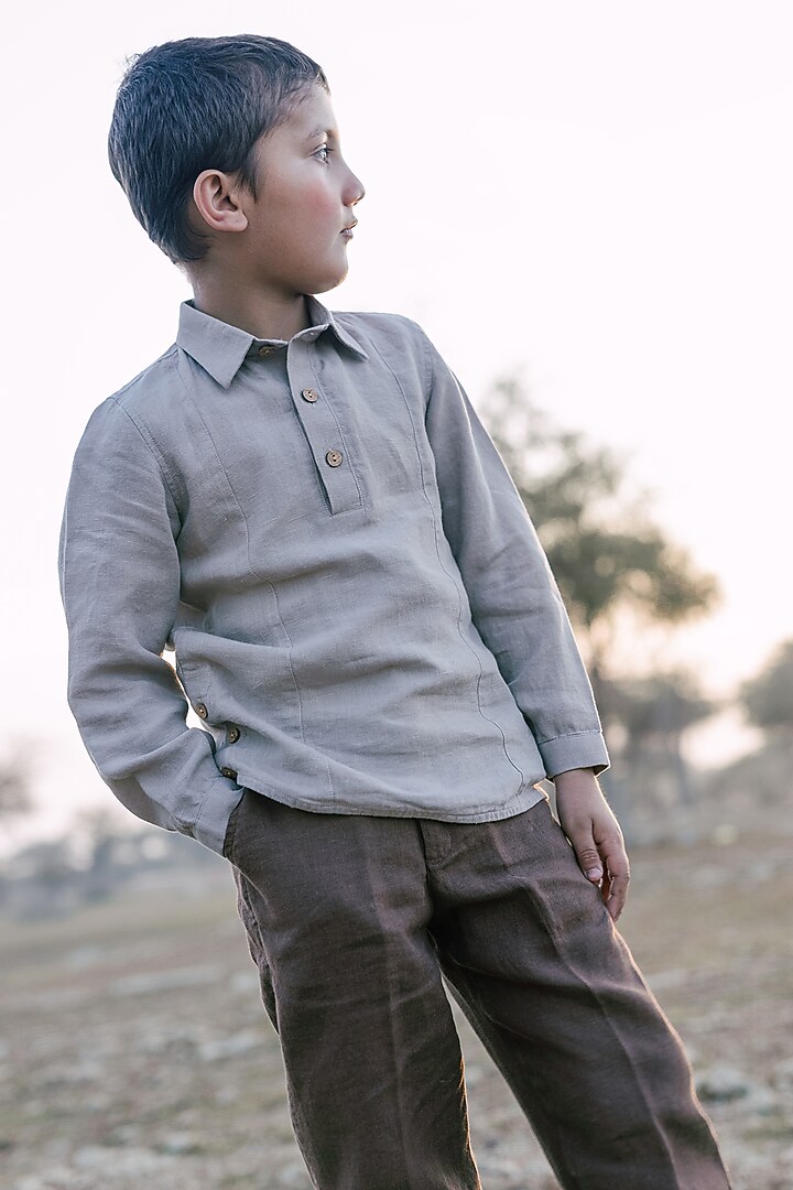 Beige Linen Shirt For Boys by Chi Linen at Pernia's Pop Up Shop