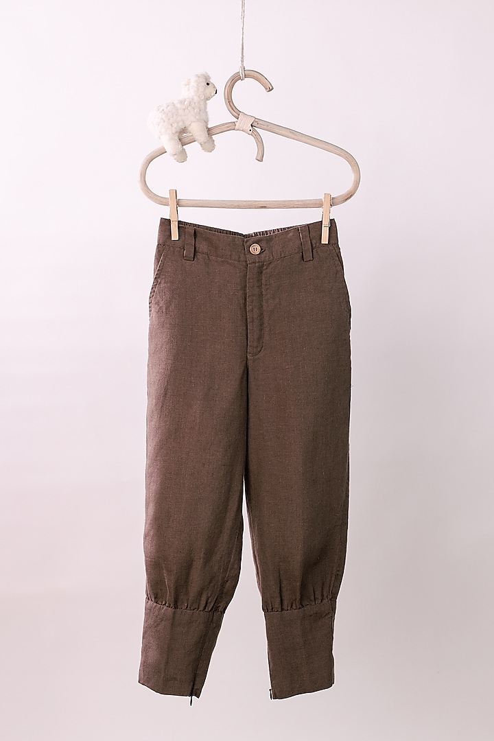 Dark Brown Linen Trousers For Boys by Chi Linen