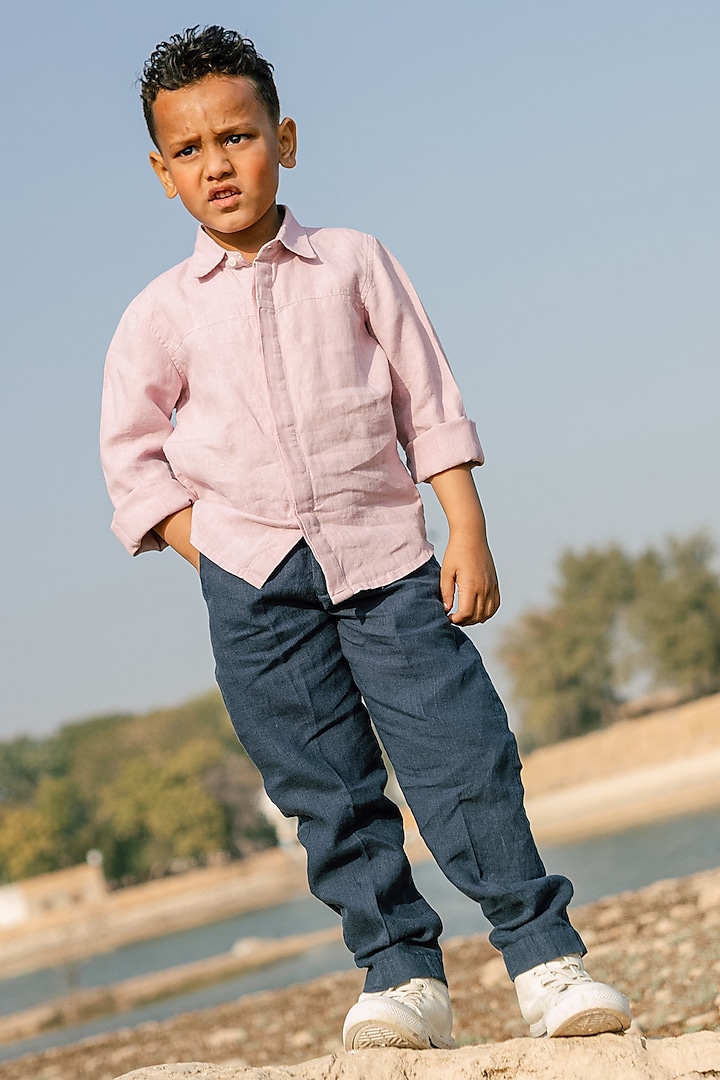 Navy Blue Linen Trousers For Boys by Chi Linen