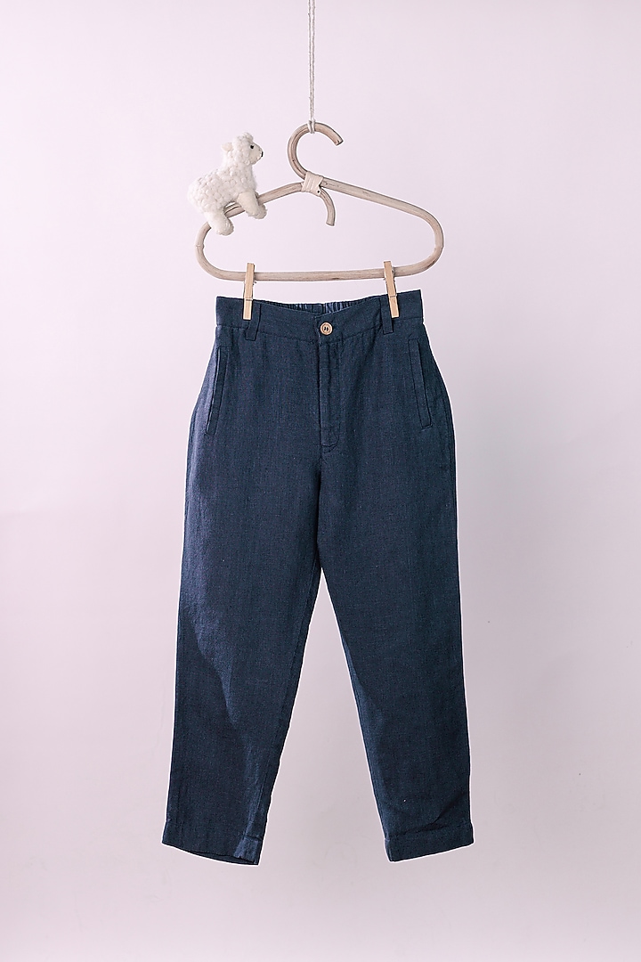 Navy Blue Linen Trousers For Boys by Chi Linen at Pernia's Pop Up Shop