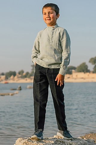 Light Green Linen Shirt For Boys by Chi Linen