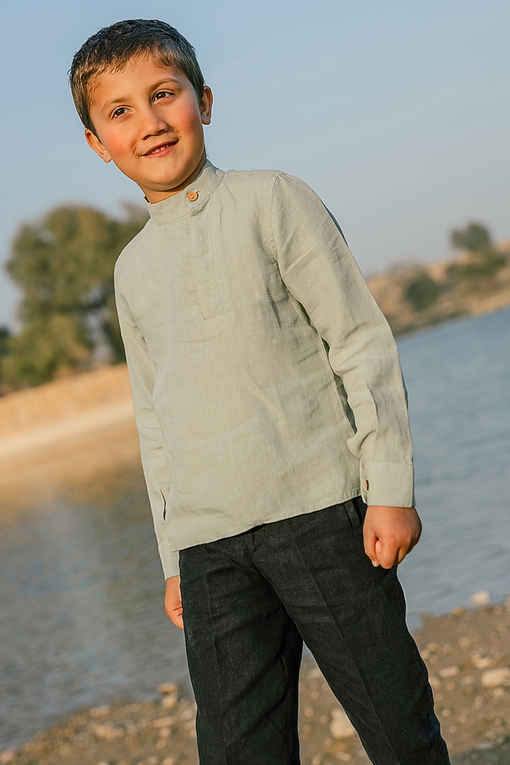Light Green Linen Shirt For Boys by Chi Linen at Pernia's Pop Up Shop