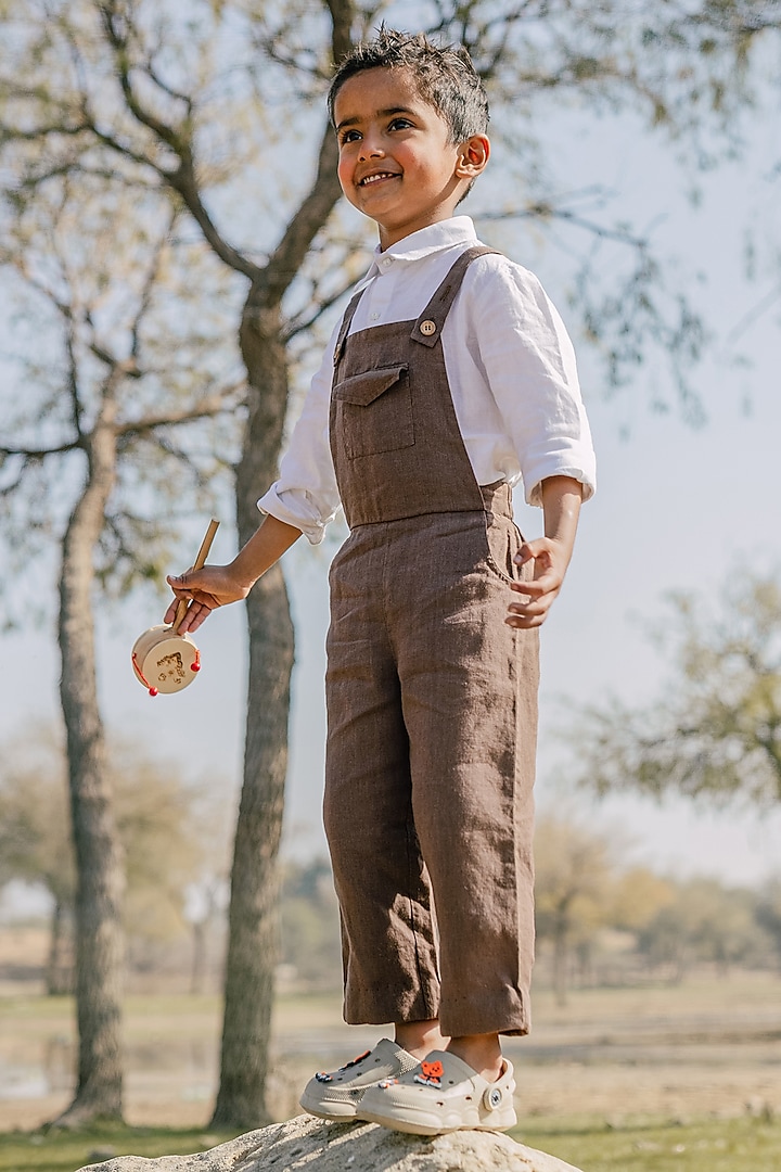 Dark Brown Linen Jumpsuit For Boys by Chi Linen