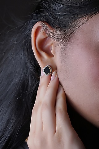 Gold Finish Cubic Zirconia & Black Onyx Stud Earrings In Sterling Silver by CHIVRI