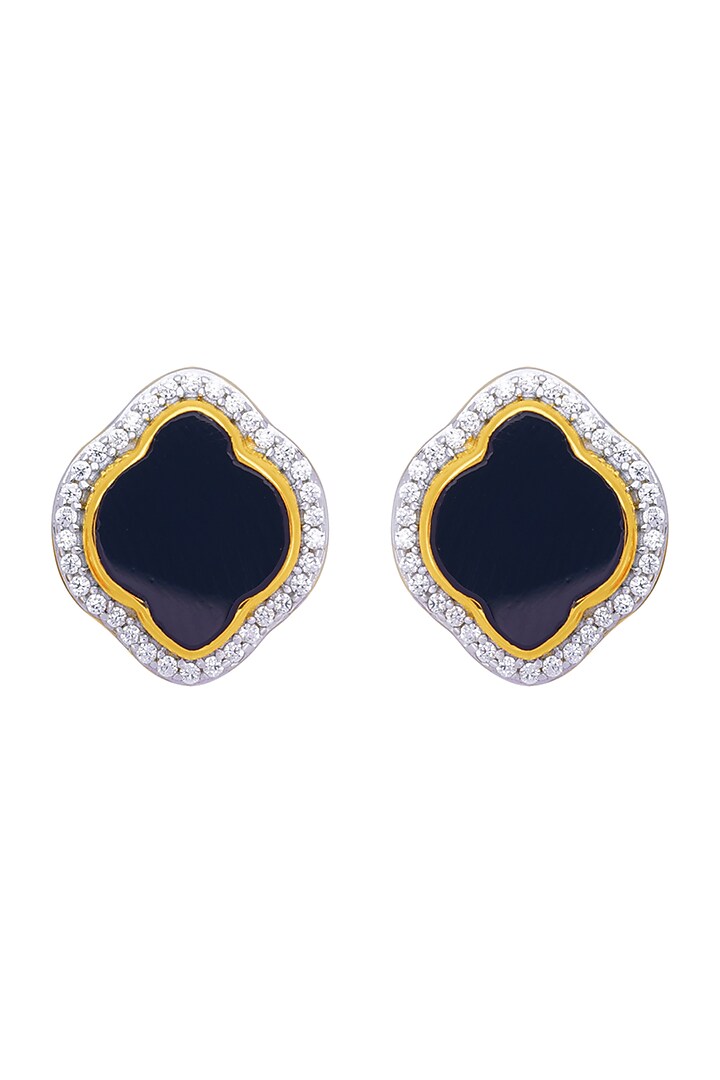 Gold Finish Cubic Zirconia & Black Onyx Stud Earrings In Sterling Silver by CHIVRI at Pernia's Pop Up Shop