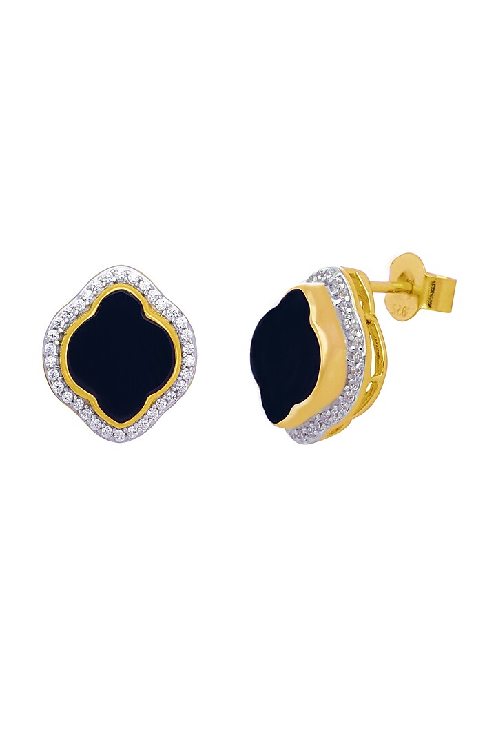 Gold Finish Cubic Zirconia & Black Onyx Stud Earrings In Sterling Silver by CHIVRI at Pernia's Pop Up Shop