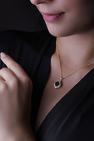 Gold Finish Cubic Zirconia & Black Onyx Pendant Necklace In Sterling Silver by CHIVRI