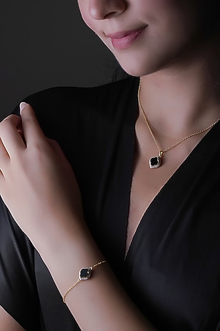 Gold Finish Cubic Zirconia & Black Onyx Bracelet In Sterling Silver by CHIVRI