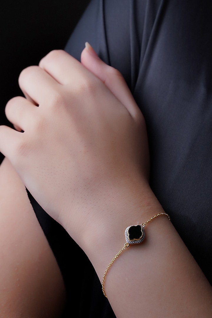 Gold Finish Cubic Zirconia & Black Onyx Bracelet In Sterling Silver by CHIVRI at Pernia's Pop Up Shop