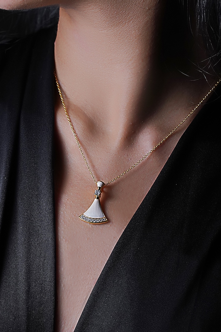 Gold Finish Mother Of Pearl Enameled Pendant Necklace In Sterling Silver by CHIVRI at Pernia's Pop Up Shop