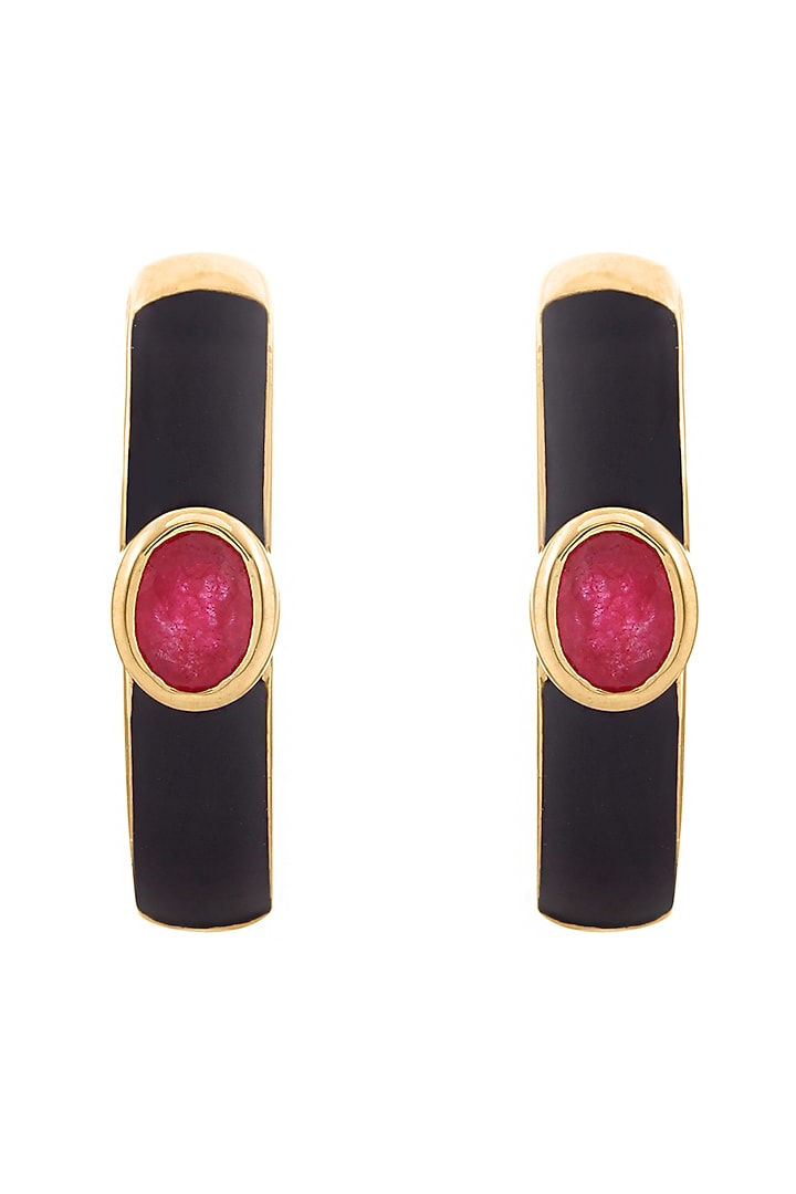 Gold Finish Pink Quartz Enameled Hoop Earrings In Sterling Silver by CHIVRI at Pernia's Pop Up Shop
