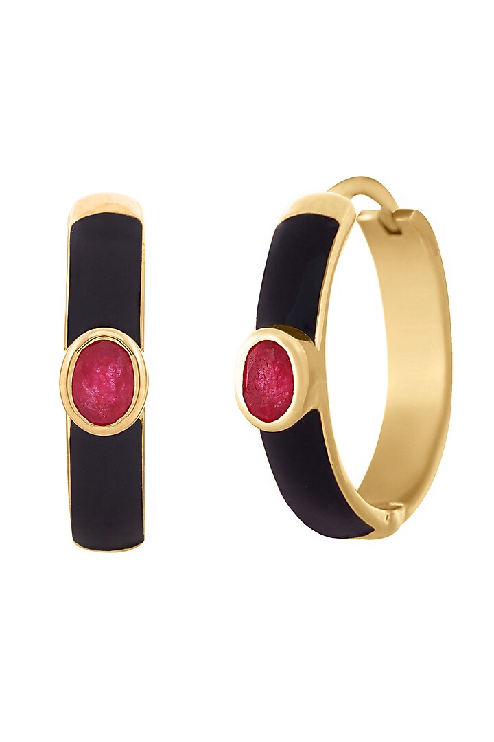 Gold Finish Pink Quartz Enameled Hoop Earrings In Sterling Silver by CHIVRI at Pernia's Pop Up Shop