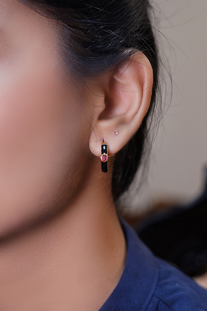 Gold Finish Pink Quartz Enameled Hoop Earrings In Sterling Silver by CHIVRI at Pernia's Pop Up Shop