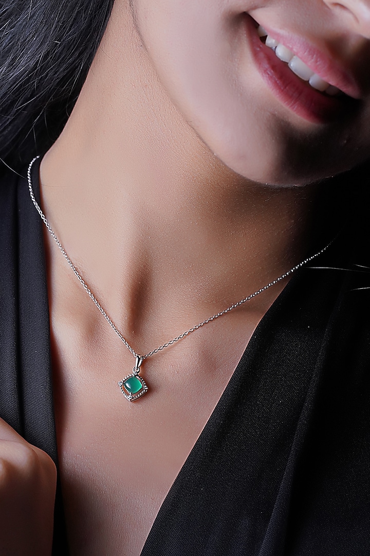 White Finish Cubic Zirconia & Green Onyx Pendant Necklace In Sterling Silver by CHIVRI