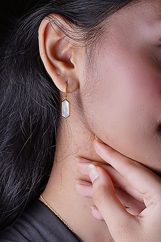 Gold Finish Mother Of Pearl Dangler Earrings In Sterling Silver by CHIVRI