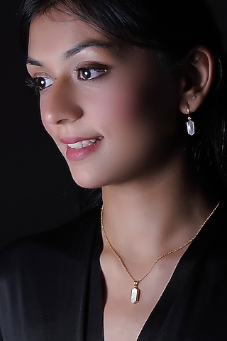 Gold Finish Mother Of Pearl Pendant Chain Necklace In Sterling Silver by CHIVRI