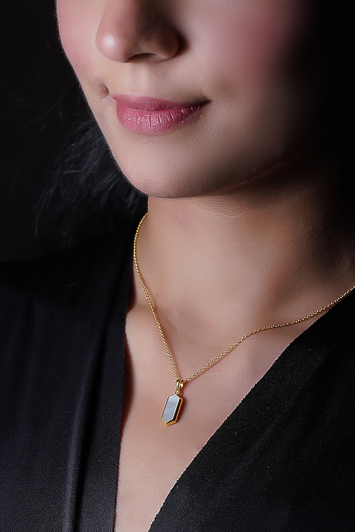 Gold Finish Mother Of Pearl Pendant Chain Necklace In Sterling Silver by CHIVRI at Pernia's Pop Up Shop