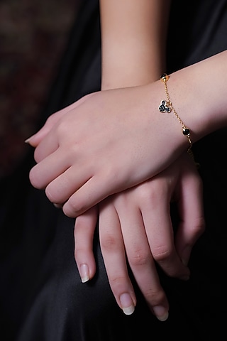Gold Finish Cubic Zirconia & Black Spinel Bracelet In Sterling Silver by CHIVRI