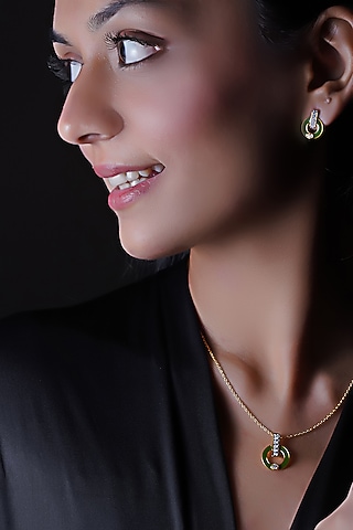 Gold Finish Cubic Zirconia Enameled Stud Earrings In Sterling Silver by CHIVRI