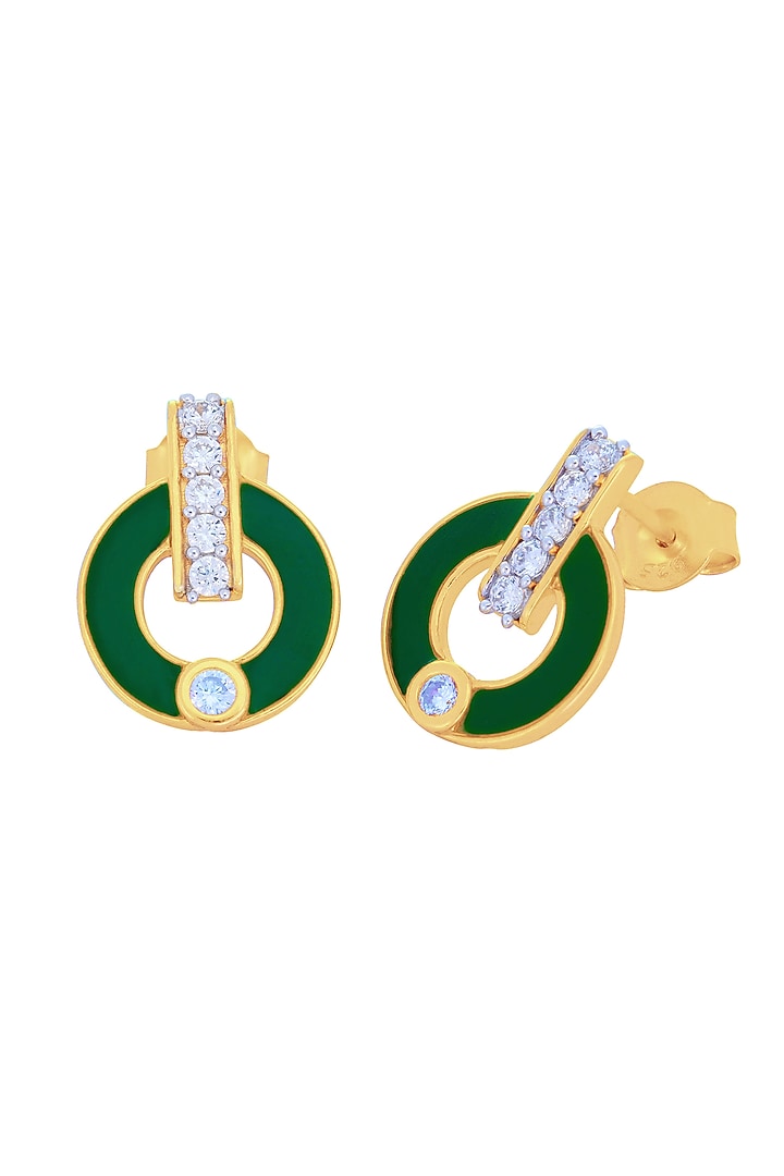 Gold Finish Cubic Zirconia Enameled Stud Earrings In Sterling Silver by CHIVRI at Pernia's Pop Up Shop