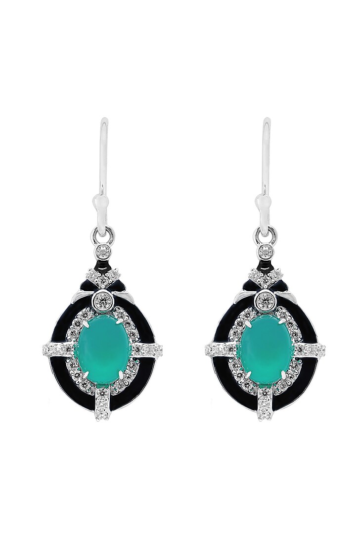 White Finish Cubic Zirconia & Green Onyx Dangler Earrings In Sterling Silver by CHIVRI at Pernia's Pop Up Shop