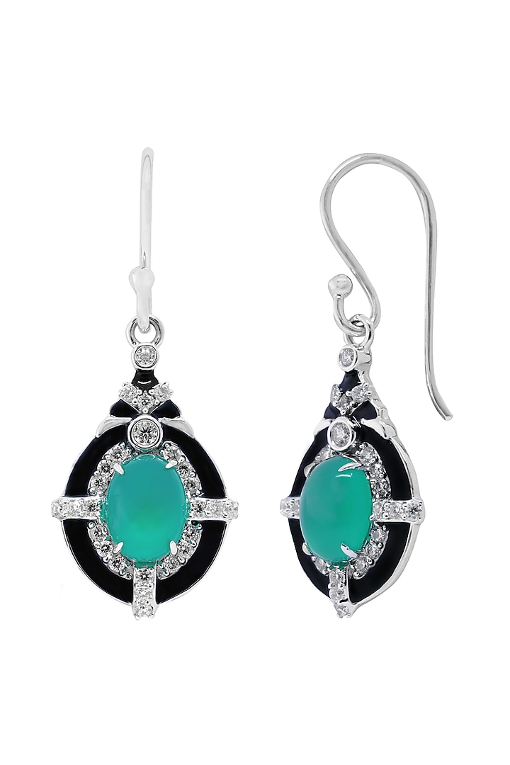 White Finish Cubic Zirconia & Green Onyx Dangler Earrings In Sterling Silver by CHIVRI at Pernia's Pop Up Shop