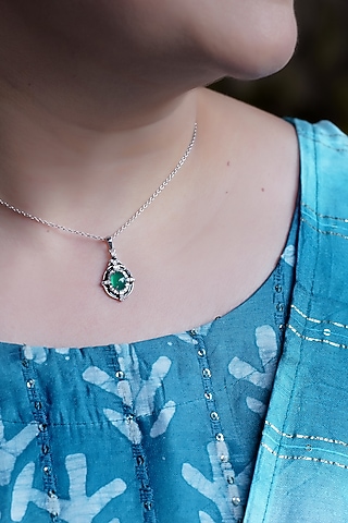 White Finish Cubic Zirconia & Green Onyx Pendant In Sterling Silver by CHIVRI