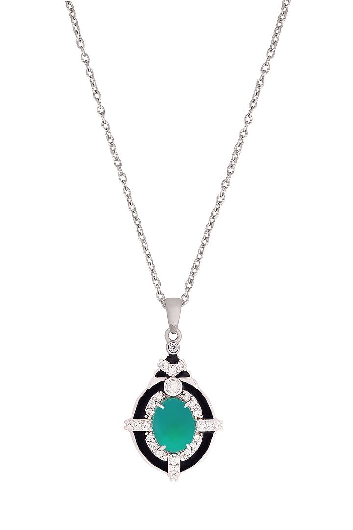 White Finish Cubic Zirconia & Green Onyx Pendant In Sterling Silver by CHIVRI at Pernia's Pop Up Shop