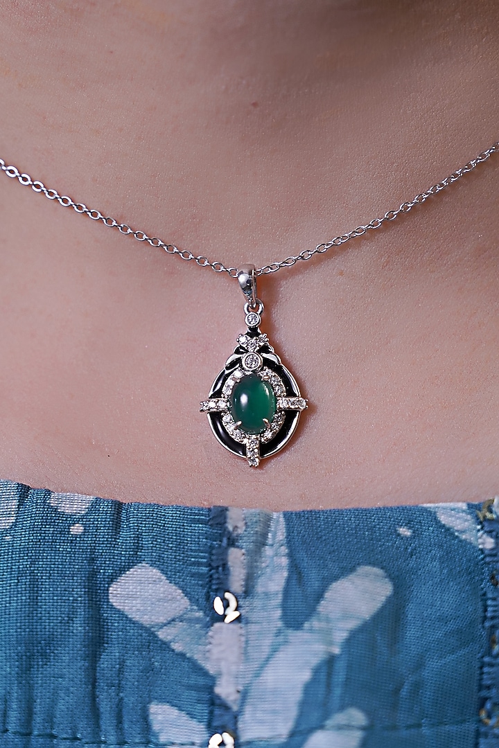 White Finish Cubic Zirconia & Green Onyx Pendant In Sterling Silver by CHIVRI at Pernia's Pop Up Shop
