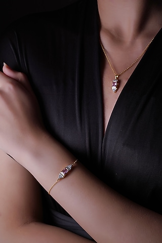 Gold Finish Cubic Zirconia Bracelet In Sterling Silver by CHIVRI