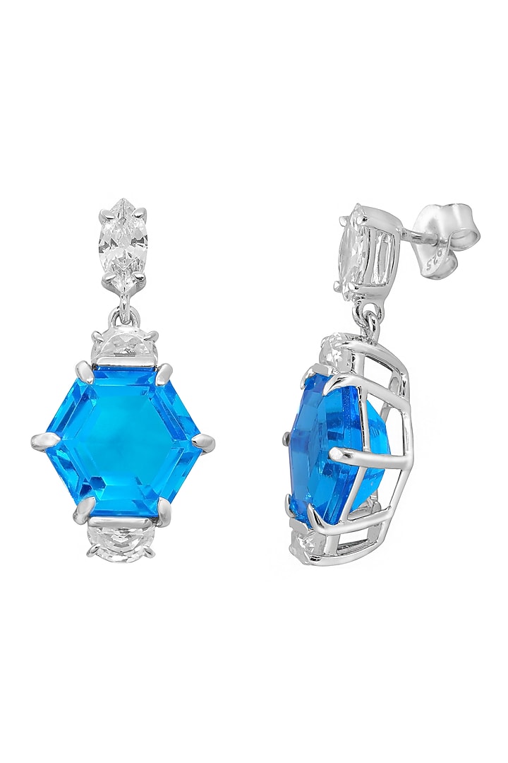 White Finish Blue Gem Stone Dangler Earrings In Sterling Silver by CHIVRI at Pernia's Pop Up Shop