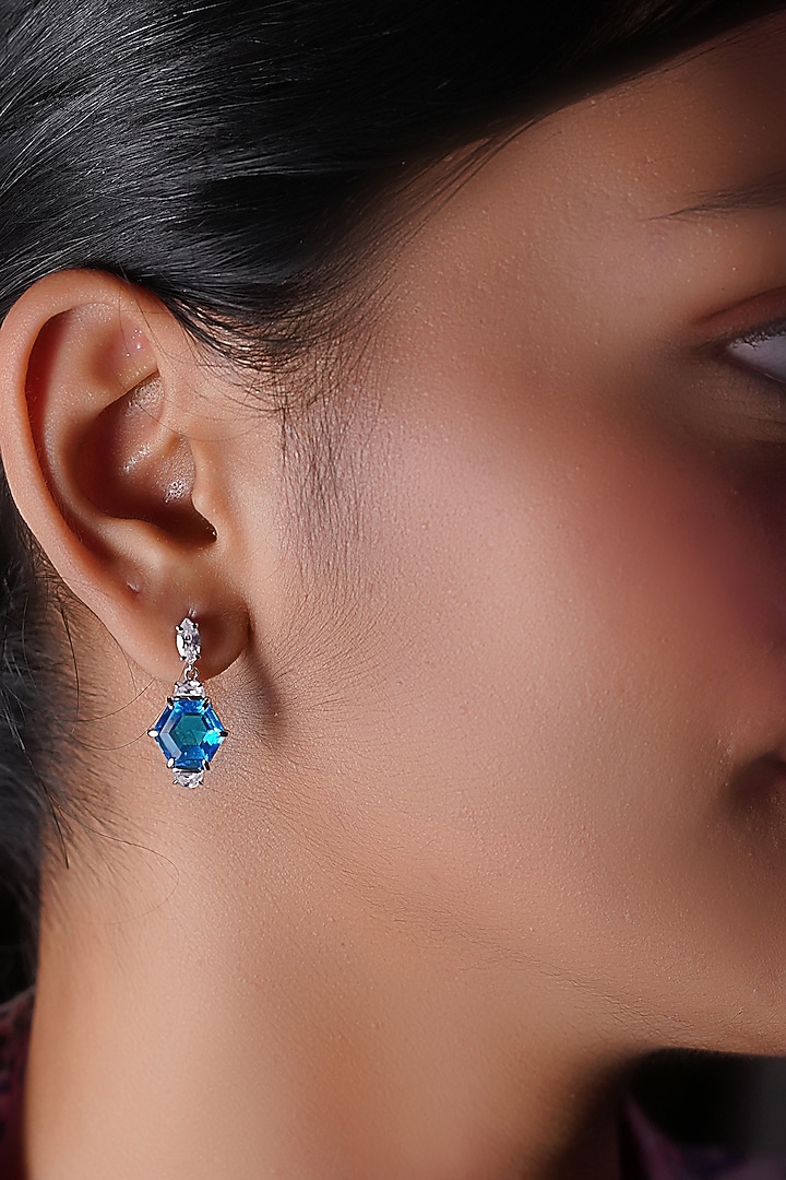 White Finish Blue Gem Stone Dangler Earrings In Sterling Silver by CHIVRI at Pernia's Pop Up Shop