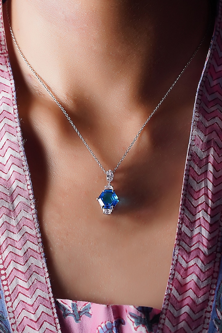 White Finish Blue Gemstone Pendant Chain Necklace In Sterling Silver by CHIVRI