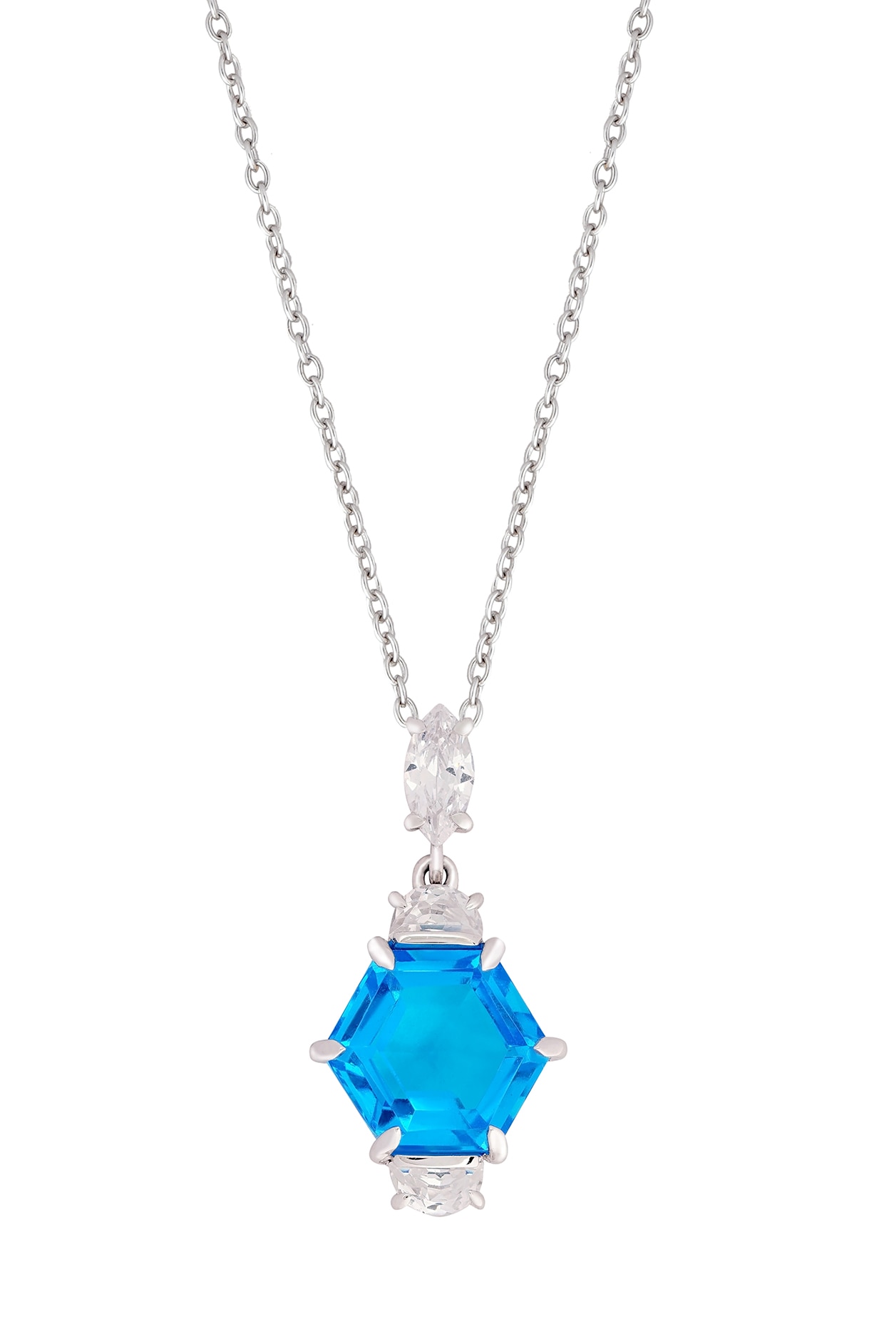 Oval Cut Blue Topaz and Diamond Halo Pendant Necklace, 14K White Gold