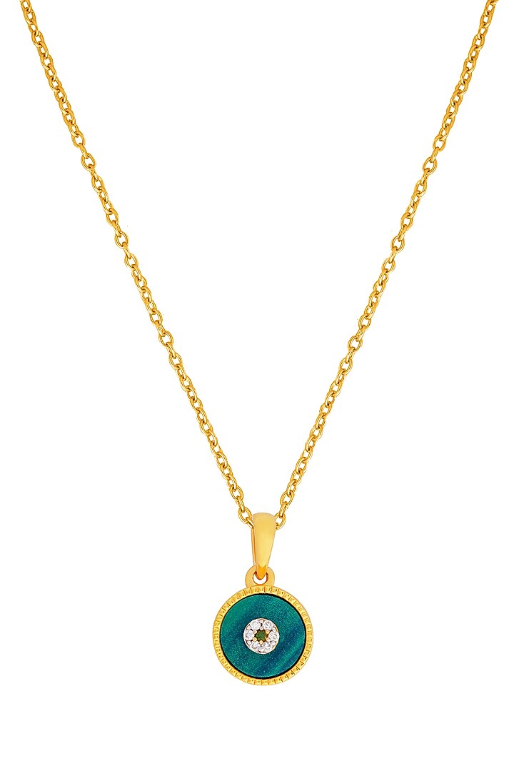 Gold Finish Malachite & Cubic Zirconia Pendant Chain Necklace In Sterling Silver by CHIVRI at Pernia's Pop Up Shop