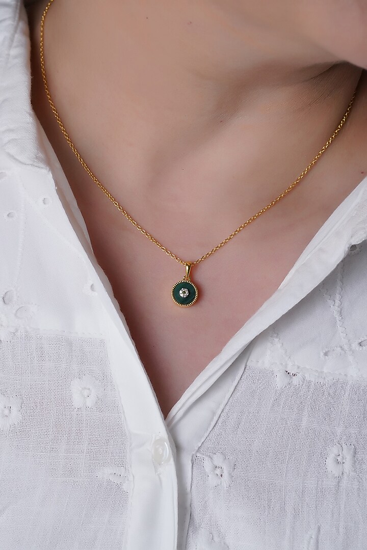 Gold Finish Malachite & Cubic Zirconia Pendant Chain Necklace In Sterling Silver by CHIVRI at Pernia's Pop Up Shop