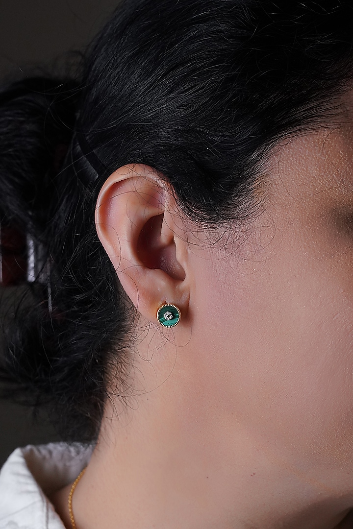 Gold Finish Malachite & Cubic Zirconia Stud Earrings In Sterling Silver by CHIVRI