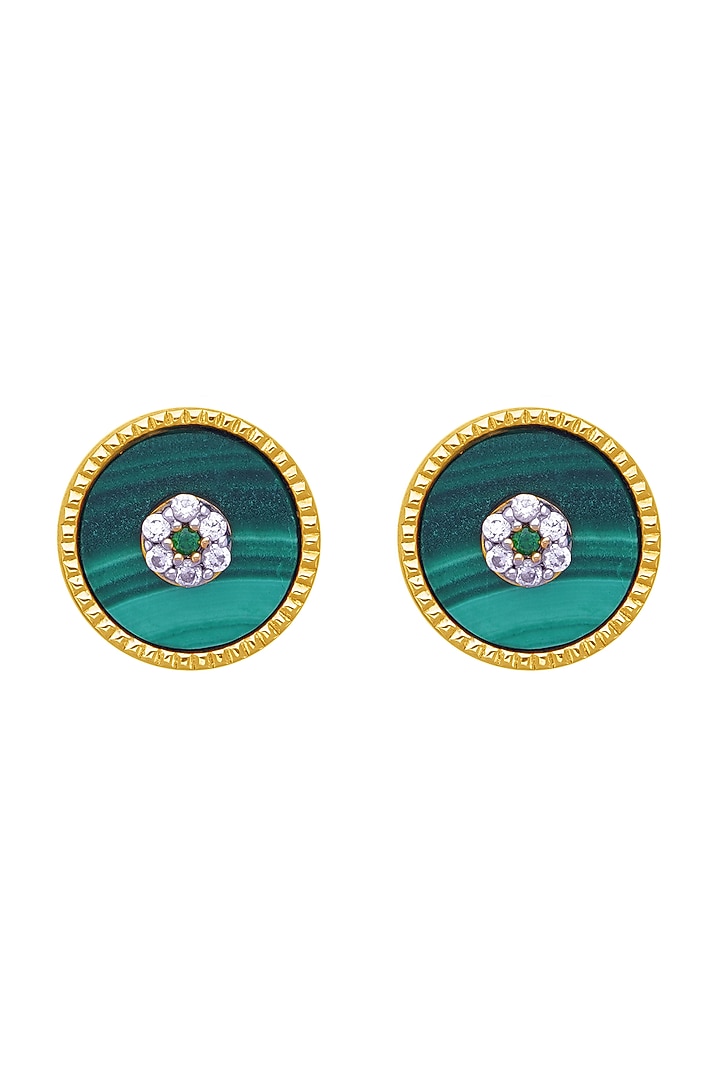 Gold Finish Malachite & Cubic Zirconia Stud Earrings In Sterling Silver by CHIVRI at Pernia's Pop Up Shop