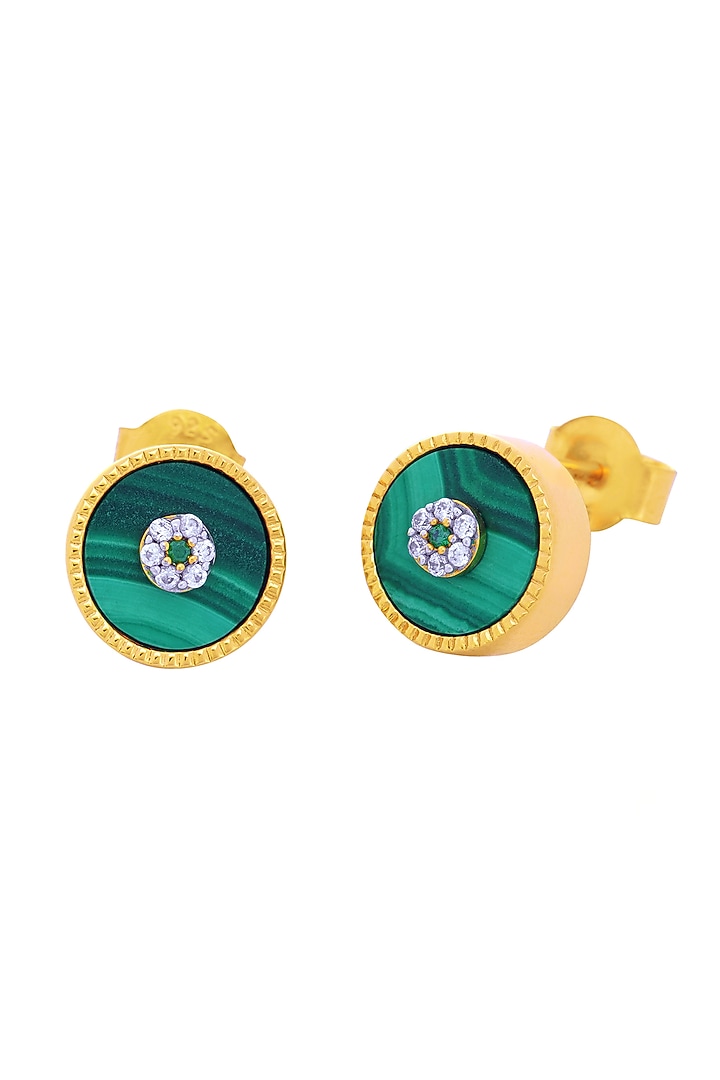 Gold Finish Malachite & Cubic Zirconia Stud Earrings In Sterling Silver by CHIVRI at Pernia's Pop Up Shop