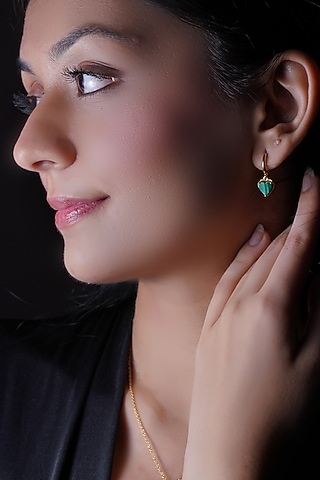 Gold Finish Malachite Hoop Earrings In Sterling Silver by CHIVRI