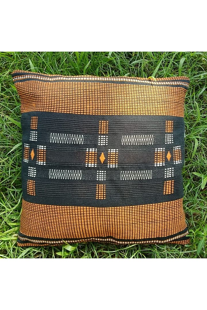 Black & Orange Cotton Handwoven Cushion Covers (Set of 2) by Chizolu
