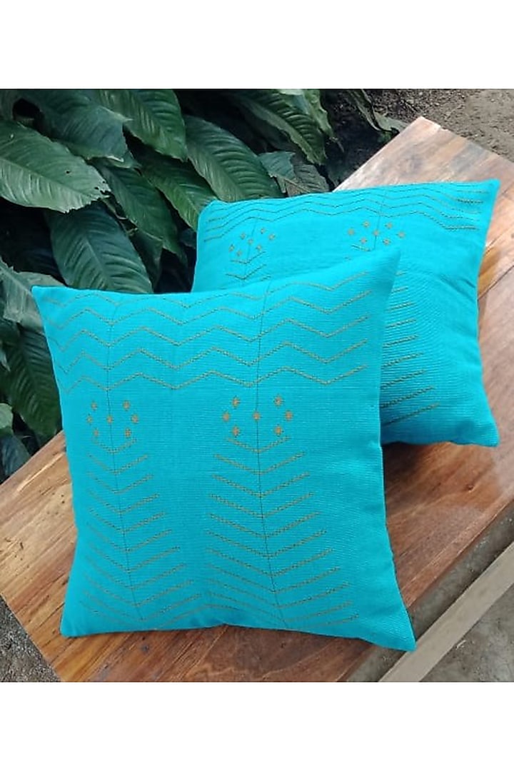 Orange & Blue Cotton Handwoven Cushion Covers (Set of 2) by Chizolu