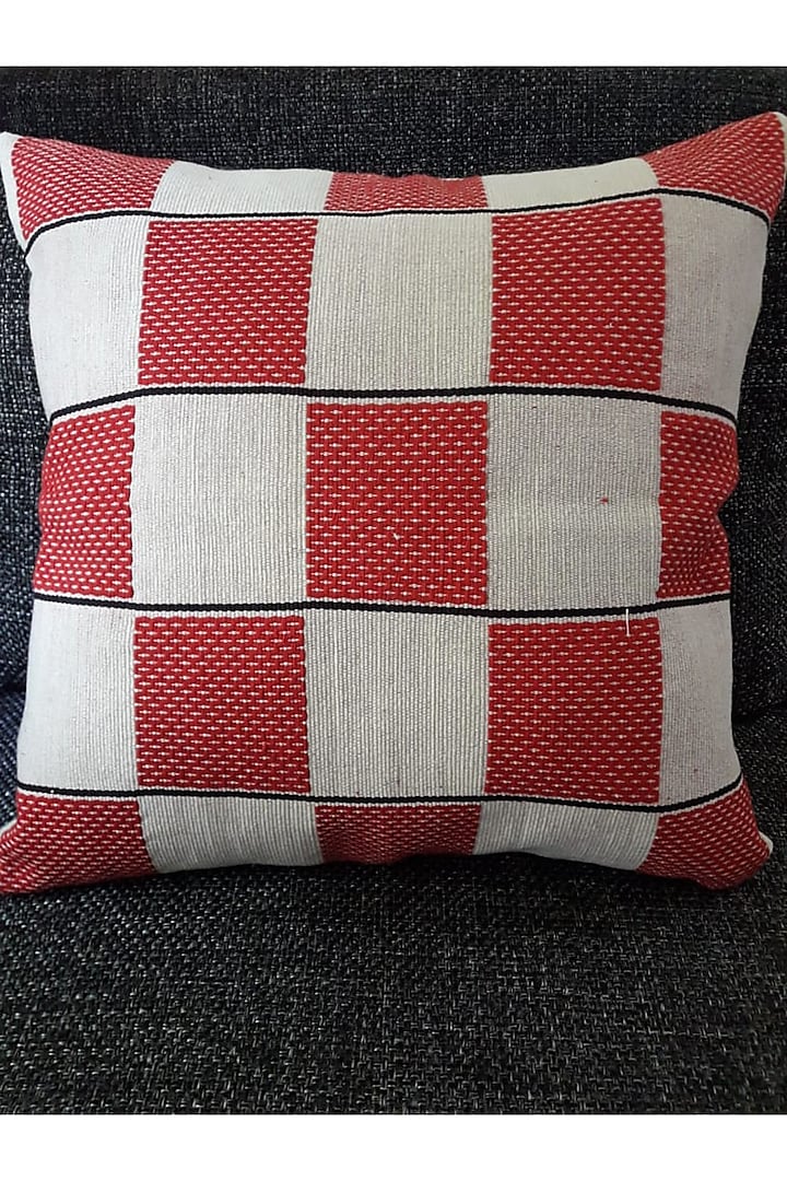 Red & White Cotton Handwoven Box Cushion Covers (Set of 2) by Chizolu