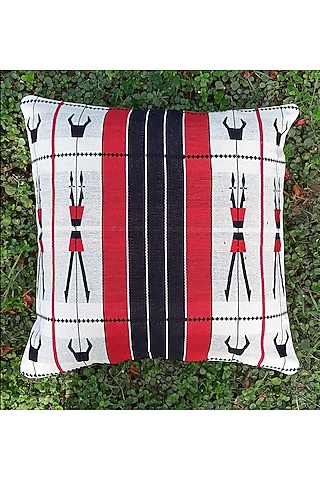 Red & White Cotton Handwoven Mithun Cushion Covers (Set of 2) by Chizolu